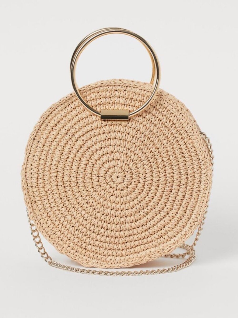 H&M Beige Solid Round Straw Crossbody Bag with Gold Chain